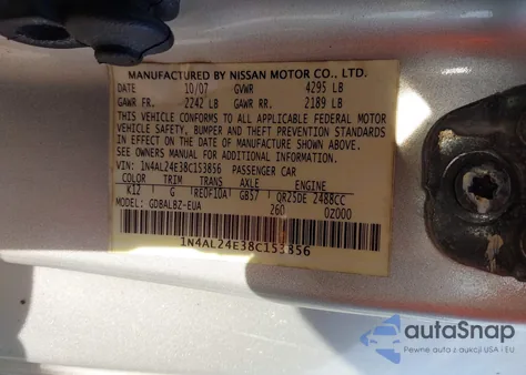 2008 Nissan Altima 2.5 S from USA, damaged, VIN 1N4AL24E38C153856